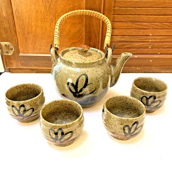 Vintage OMC Japan Tea Set Art Pottery Teapot & 4 Cups Stoneware Floral 70s Decor - Picture 12 of 12